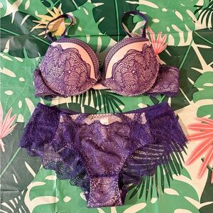 New Shein Purple Lace Nude Panties Push Up Bra Lingerie Set M NWOT